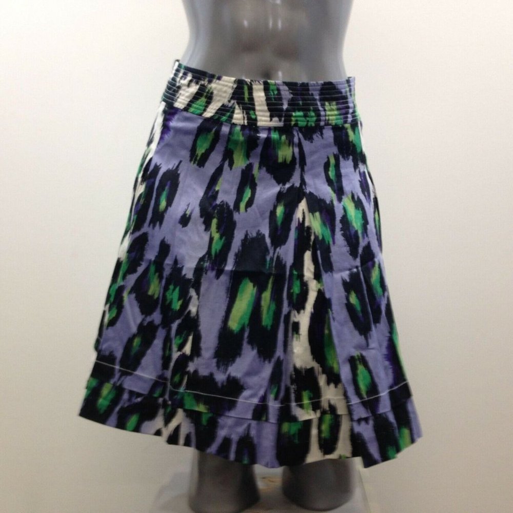 Spanner Women's A Line Skirt Size 2 Blue Green Patterned Cotton Blend Side Zip